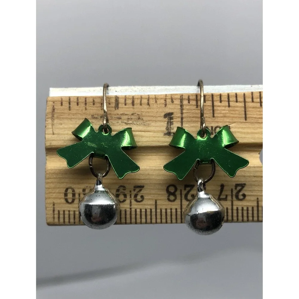 CHRISTMAS SILVER JINGLE BELLS, GREEN BOW FISH‎ HOOK BACK EARRINGS-SIZE SMALL